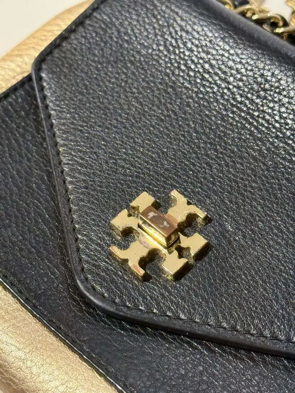 Tory Burch Marion Small Flap Crossbody Bag Black and Gold Metallic Leather
